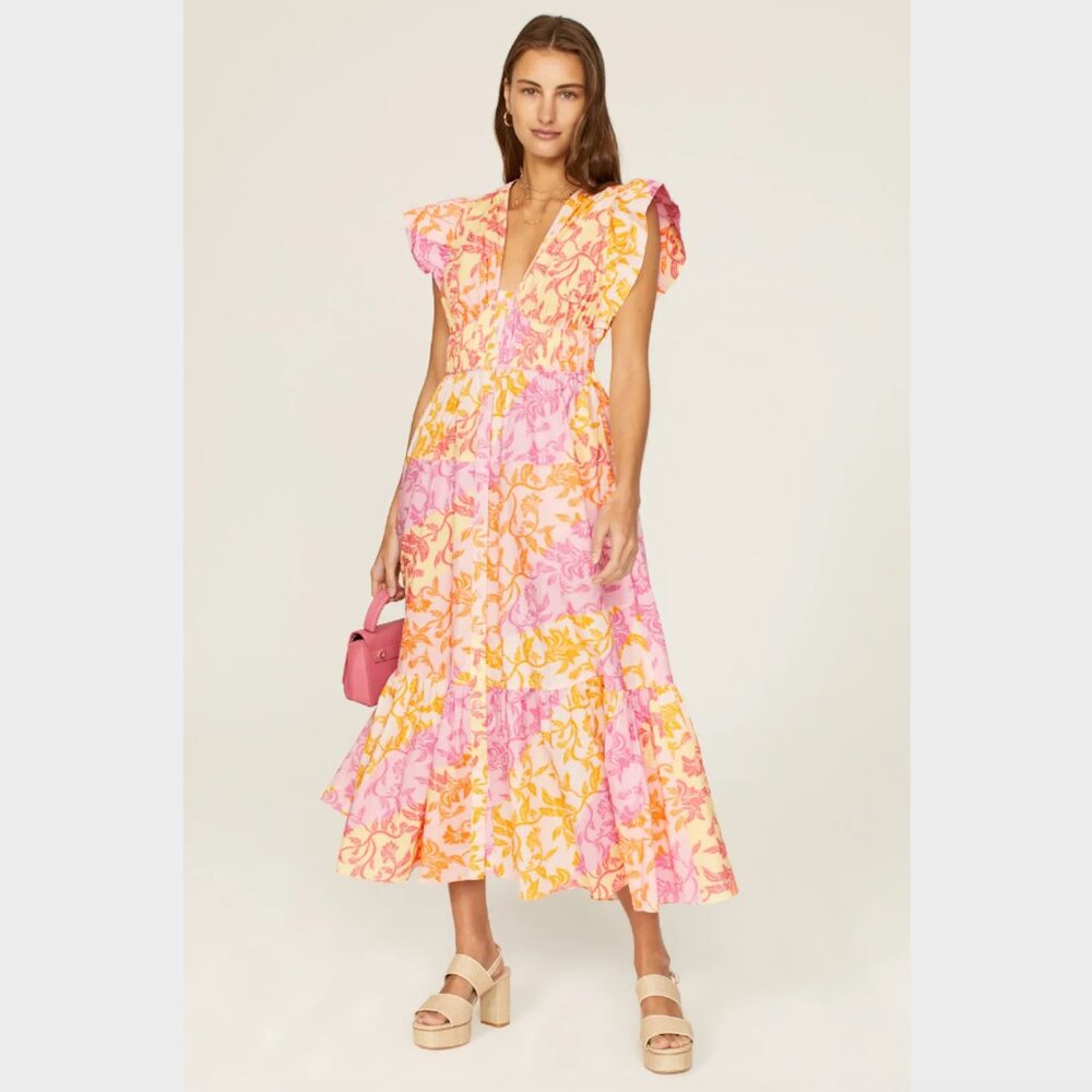 Derek Lam Pink & Orange Floral Tiered Cap Sleeve Maxi Dress-Size US 2 & EU 38